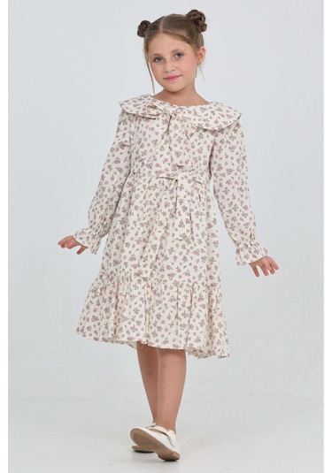 Kız Çocuk Fiyonk Yakalı Bel Kuşaklı Çiçek Desenli Kloş Etekli Elbise 12301 Pudra