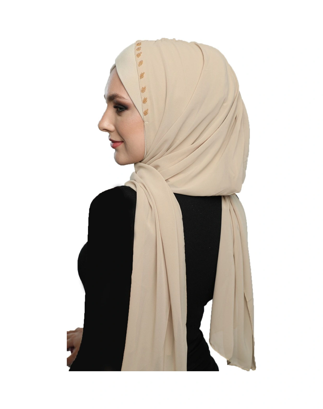 Şallı Takmatik Taşlı Bej Hazır Türban Tesettür Bone Namaz Örtüsü Bej