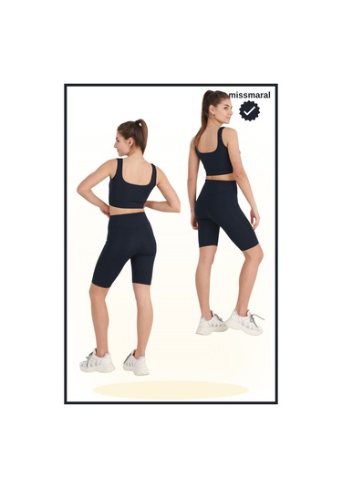 Kadın Yüksek Bel Toparlayıcı Tayt Kısa Spor Şort Deniz Havuz Spor Lacivert Biker Shorts 1070 Lacivert