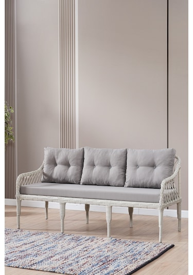 Joy Rattan Puflu Bahçe Balkon Takımı 3+1+1+ Camlı Masa Kemik Rengi Kemik