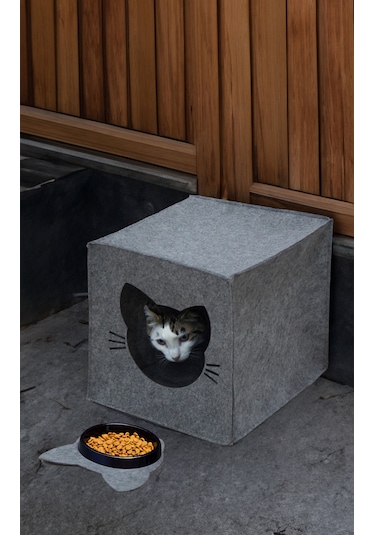 Yunusoğlu Home Keçe Kedi Yuvası Dekoratif Mama Kabı Altlığı Hediyeli Organizer Düzenleyici Katlanabilir Gri Gri