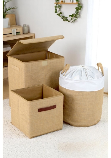 İronika Jüt Kumaş Dolap İçi Organizer Oyuncak Kutusu Eşya Çamaşır Saklama Sepeti Düzenleyici Kutu 3lü Set Kahverengi