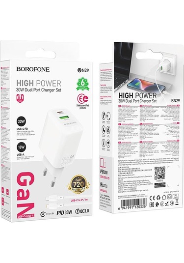 Borofone Bn29 Fuente Pd30w + Qc3.0 Şarj Seti 1m Tip-c İle 8 Pin Kablo, Fiş Tipi: Ab Fiş Beyaz Beyaz
