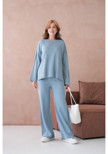 Kadın Bisiklet Yaka Düşük Kol Kazak Pantolon İkili Triko Takım Açık Mavi