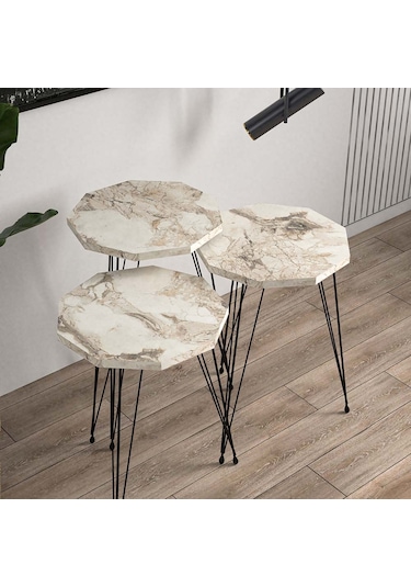 Egemodüler Çokgen Beyaz Mermer Desenli Siyah Metal Ayaklı Sehpa 3'lü
