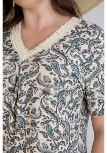 Wearon Kadın Beliz Büyük Beden Dantelli Kısa Kollu Turkuaz Elbise Bej