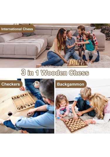 Sones 44 X 44 Cm 3'ü 1 Arada Ahşap Satranç Takımı Çocuklar Ve Yetişkinler İçin Katlanabilir Satranç Tahtası