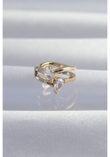 Pirinç Gold Renk Zirkon Taşlı Damla Earcuff Küpe Altın