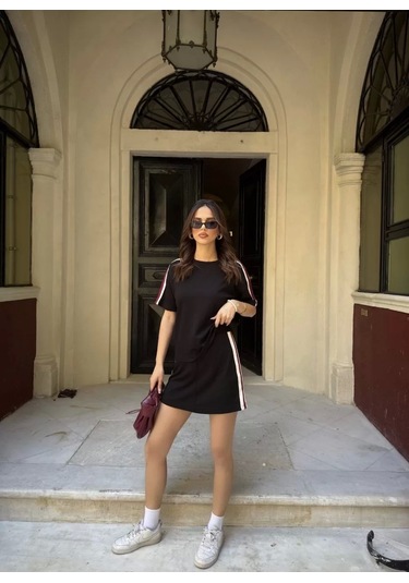 Osy Modal Yumuşak Dokulu Kumaş Kadın Parçalı Bisiklet Yaka T-shirt Mini Şortlu Etek İkili Takım - Si Siyah