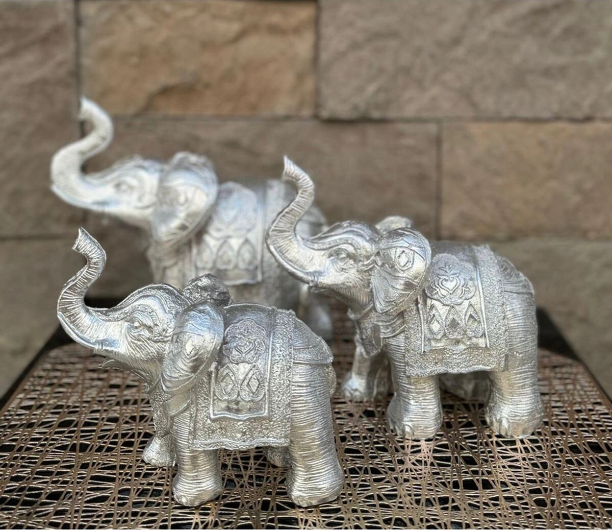 Dekoratif Polyester Üçlü Fil Biblo Gümüş