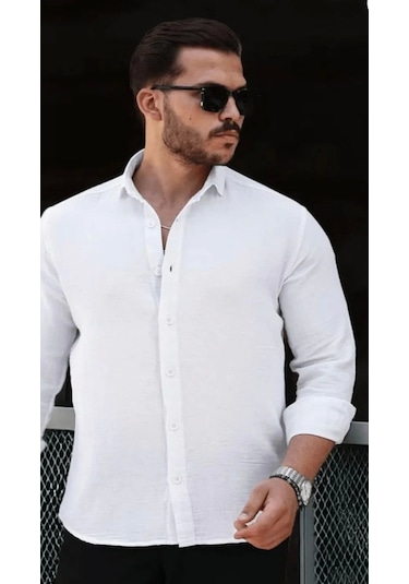Erkek Müslin Kumaş Uzun Kol Yakalı Beyaz Gömlek Beyaz