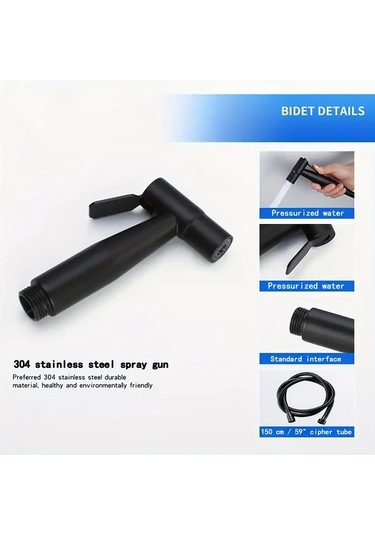 Tongdashop Siyah 59.06 İnç Hortumlu Ayarlanabilir Duş Başlığı - Çift Püskürtme Paslanmaz Çelik