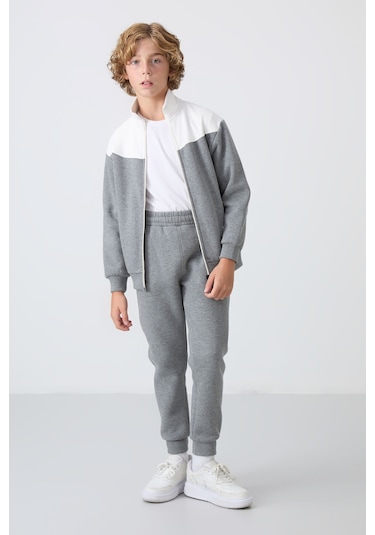 Tommy Life Gri Melanj Pamuklu Kalın İçi Tüylü Yumuşak Dokulu Standart Fit Nakışlı Erkek Çocuk Eşofman Takım - Gri Melanj