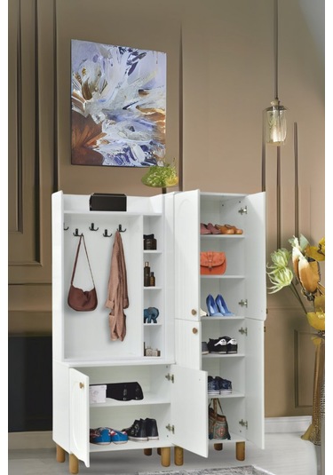 Lidya Portmanto Takımı Beyaz Raflı Askılıklı Ayakkabılık Dolap 140x37x195 cm
