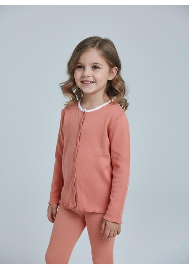 Kız Çocuk Fitilli %100 Pamuklu Düğmeli Hırka Kiremit