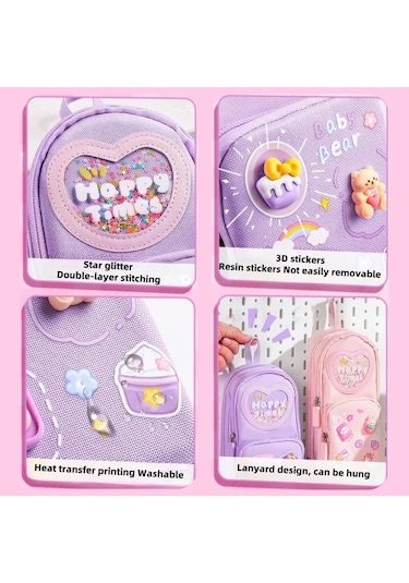 Mufunye Büyük Kapasiteli Kawaii Mor Kalem Kutusu - Sevimli 3 Bölmeli Kırtasiye Düzenleyici Mor