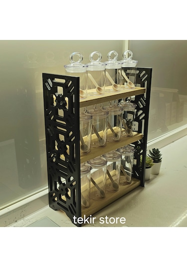 12 Li Baharatlık Takımı Ahşap Siyah Standlı Mika Vakum Kapaklı Siyah