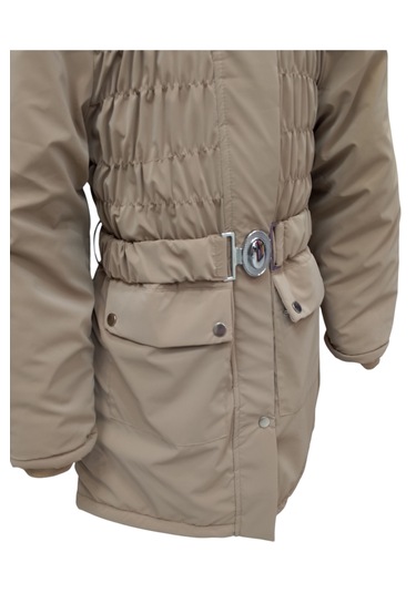 Kız Çocuk Önü Gipeli Kemerli Kapüşonlu Fermuar Çıtçıt Kapama Peluş Astarlı Açık Kahve Midi Boy Mont Açık Kahverengi