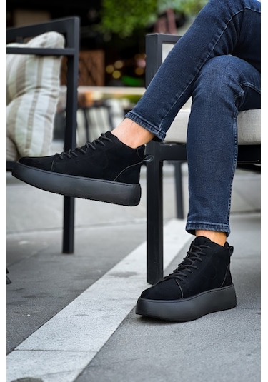 Pabucmarketi Bağcıklı Erkek Spor Bot Siyah Süet Siyah Taban Çok Renkli
