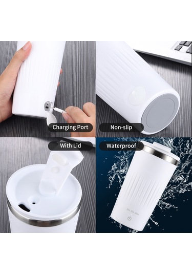 Geeroyoo "300ml Otomatik Manyetik Karıştırıcılı Paslanmaz Çelik Termos - Kahve, Süt, Kakao İçin 3 Hızlı Usb Şarjlı" Beyaz