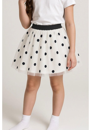 Breeze Kız Çocuk Tütü Etek Puan Desenli Simli Beli Lastikli 5-10 Yaş, Beyaz Beyaz