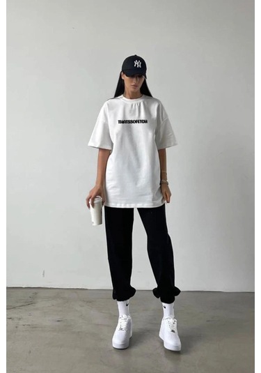 Thatssofetch Beyaz T-shirt Siyah Eşofman Altı Jogger - Baskılı Alt Üst Takım Bisiklet Yaka Beyaz Siyah