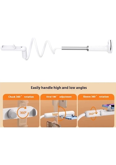 Lr-059 110 Cm Başucu Esnek Telefon Tutucu 360 Derece Dönme Havai Canlı Akış Telefon Braketi Beyaz