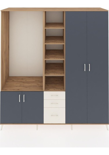 Kronos Dolap 13 Raflı 3 Çekmeceli 4 Kapaklı 220x59x243 Çam-antrasit/aytaşı Antrasıt/aytası