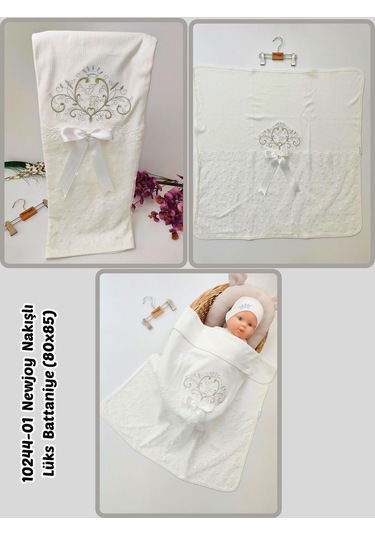 Pembe Kız Bebek Battaniyesi %100 Pamuklu Şık Dantelli Nakışlı Doğal Organik Uyku Örtüsü Yenidoğan Ekru