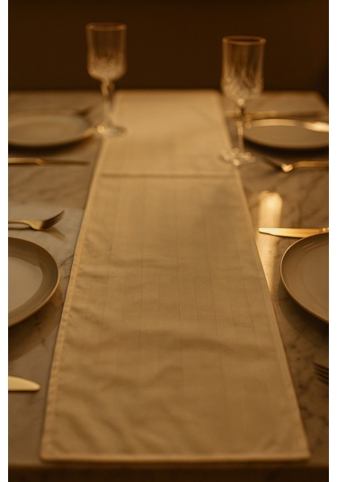 Yunusoğlu Home Krem Çizgili Pamuklu Şık Masa Runnerı 50x150 Cm Modern Ve Zarif Masa Örtüsü Runner Krem