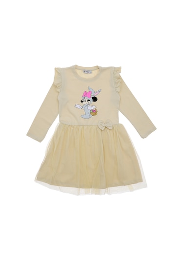 Kız Çocuk Elbise Taşlı Baskılı Bej