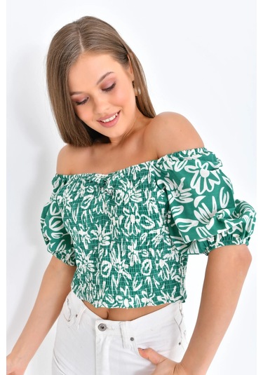 Kadın Çiçek Desenli Gipe Detay Balon Kol Crop Bluz Yeşil