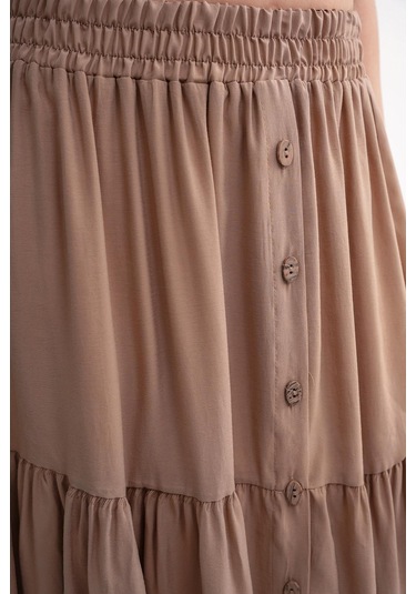 4662 Kadın Düğme Detaylı Büzgülü Modal Etek Toprak Toprak