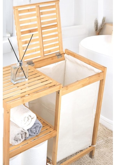 Digithome Bambu 3 Raflı Kumaş Sepetli Banyo Düzenleyici Kirli Çamaşır Sepeti D/8 Jw-22750 Naturel