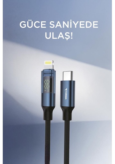 Torima U22 Type-c To Lightning 27 W Led Ekranlı Dayanıklı Örgü Hızlı Şarj Kablosu Siyah