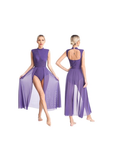 Mor Kadın Çağdaş Lirik Dans Elbise Bale Jimnastik Leotard Kolsuz Şifon Dökümlü Elbise Sahne Performansı Giyim Mor