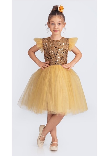 Tüllü Kız Çocuk Kpl Elbise Mnk0526 Sarı