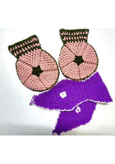 Yeşil Pembe Mor Beyaz Üçlü Lif Takımı El İşi Örme