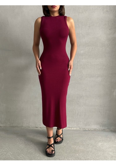 Kadın Yırtmaç Detaylı Kolsuz Soft Touch Esnek Elbise Bordo