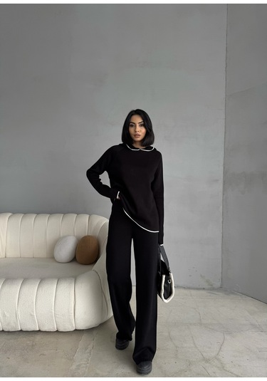 Kadın Kapüşonlu Çizgi Detaylı Triko Alt-üst Takım Siyah