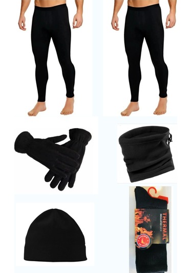 2'li Erkek Termal Tayt-polar Boyunluk-polar Bere-polar Eldiven-termal Çorap Set Aynı Gün Kargolama Siyah