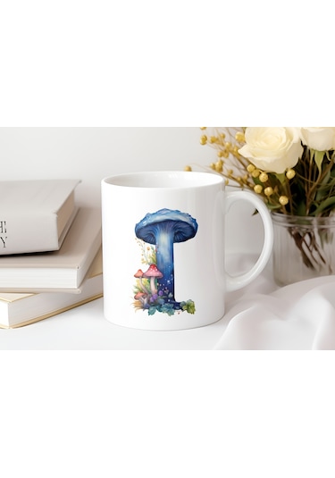 I Baş Harfi Fantastik Mantarlı Kupa Bardak - Kişiye Özel Masalsı Bardak - Hediye Beyaz