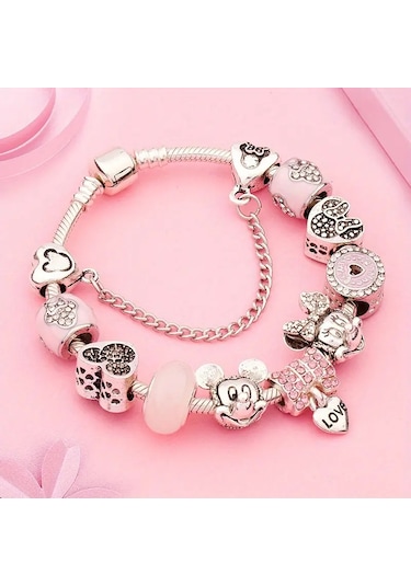 Mickey & Minnie Mouse Love Pink Charmlı Bileklik