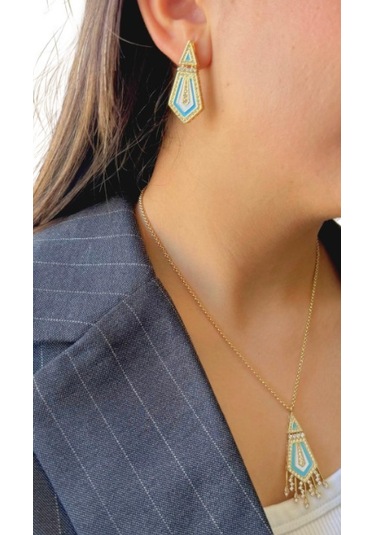 Turkuaz Taşlı Geometrik Desenli Çelik Kolye Ve Küpe Takımı Çok Renkli