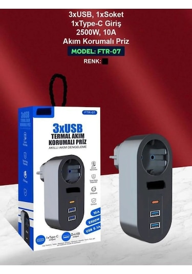 Ftr007 3'usb 1'soket Giriş 2500w 10a Termal Akım Korumalı Çoklayı