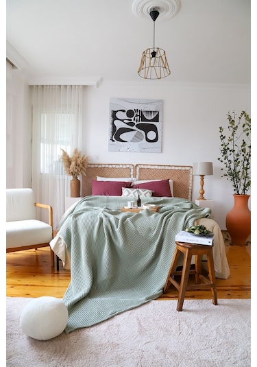 Vivamaison Çift Kişilik Waffle Pike Yatak Örtüsü Pamuklu Adaçayı Yeşil