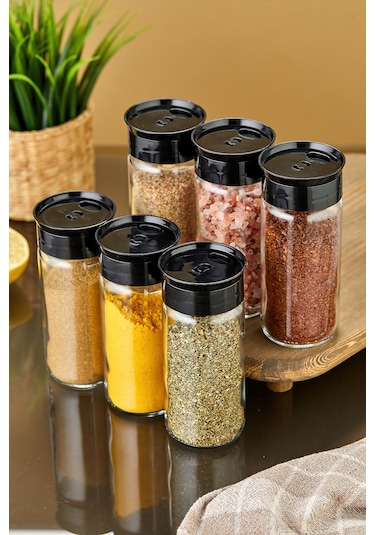 6'lı Cam Baharatlık Seti - Siyah Siyah