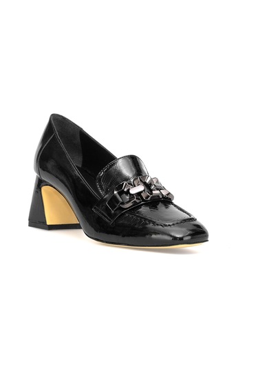 Elit Viena Kadın Hakiki Rugan Deri Klasik Topuklu Ayakkabı Siyah Siyah