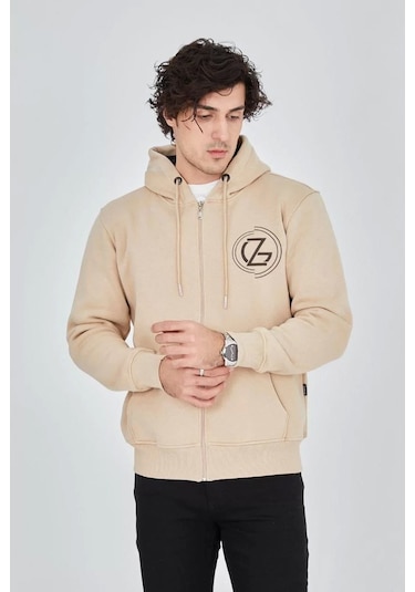 Erkek Kapüşonlu Baskılı Fermuarlı Hırka - Bej Bej