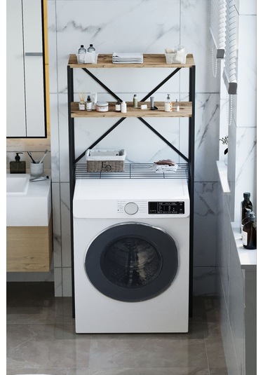 Nr Çamaşır Makinesi Üstü Dikey 2 Raflı Düzenleyici Siyah Metal Siyah